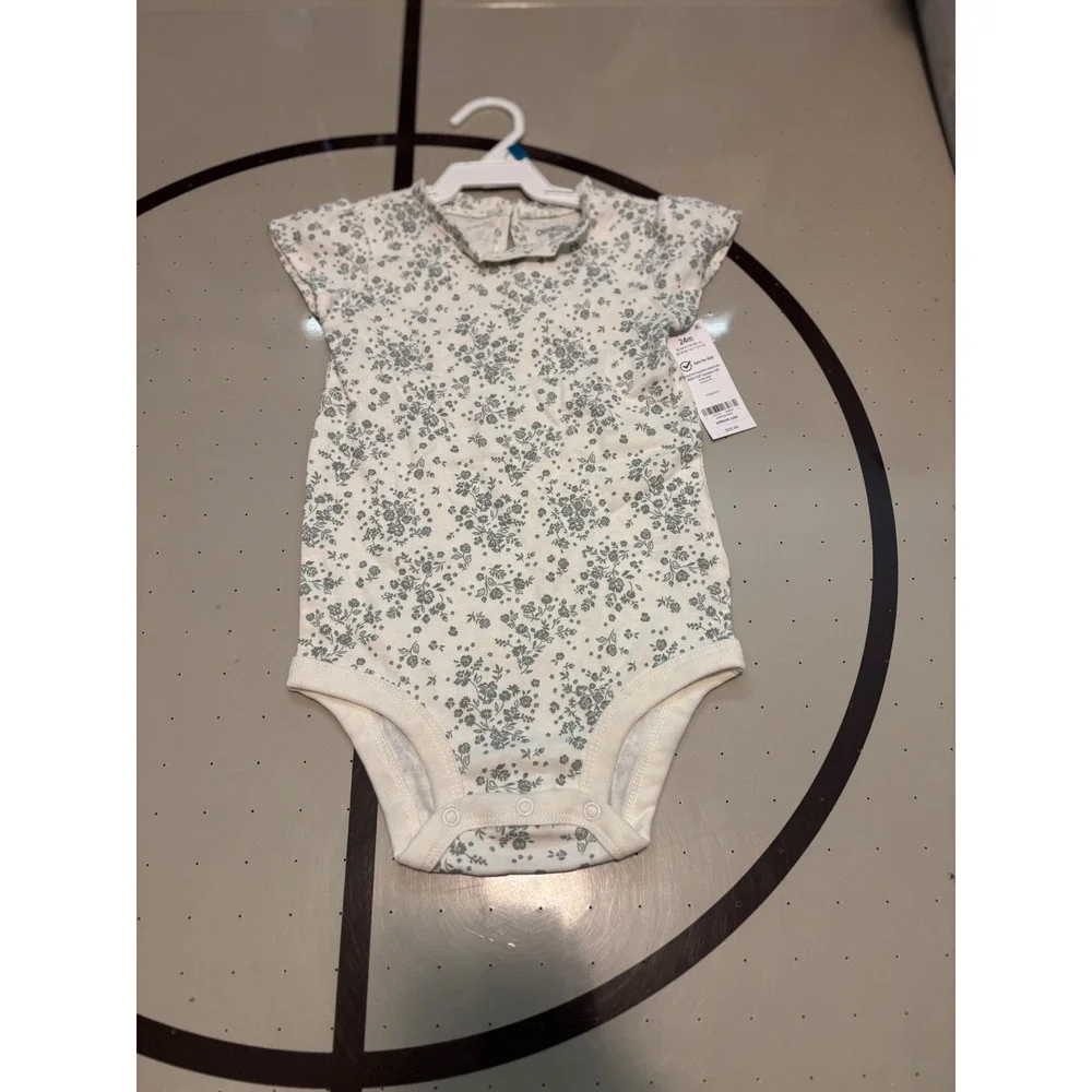 125 OshKosh Bgosh Baby Girl Floral Bodysuit 24M Cream Green Ruffle Neck 1T320210